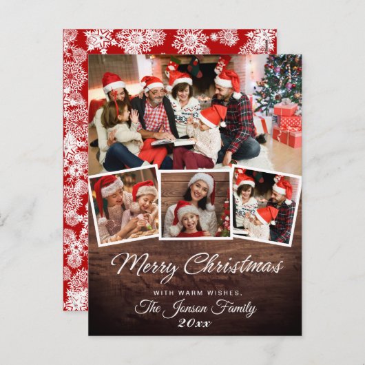 4枚の写真が使えるビンテージスタイルのクリスマスグリーティングカード(素朴な雰囲気) シーズンポストカード (正面/裏面)