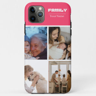 4枚の写真が入れられるピンクの家族フォトコラージュ iPhone 11 PRO MAXケース