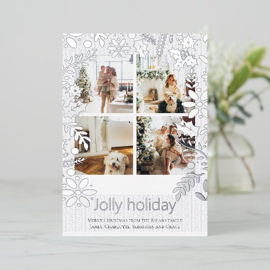 4枚の写真が楽しめるノルディックスタイルのクリスマスカード 花 箔シーズンカード (立ち正面)