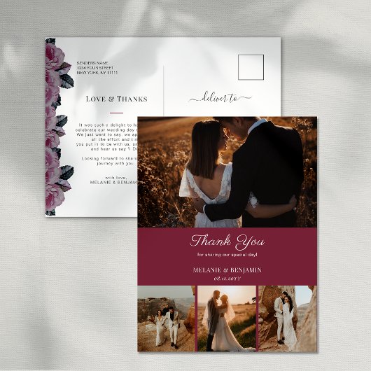 4枚の写真が飾れるピンクのロマンチックな花柄の感謝を伝えるポストカード ポストカード