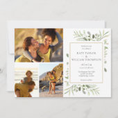 4枚の写真が飾れるボタニカルグリーンの葉のウェディング 招待状 (正面)