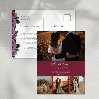 4枚の写真が飾れる ピンクのロマンチックな花柄の感謝を伝えるポストカード ポストカード