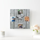 4枚の写真で愛を伝えるグレーアンティーク風ウッドノンナギフト スクエア壁時計 (ホーム)