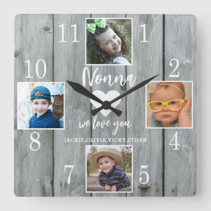 4枚の写真で愛を伝えるグレーアンティーク風ウッドノンナギフト スクエア壁時計
