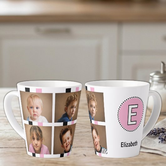 4枚の写真とイニシャル入り 名前 ブラック ピンク カフェラテマグ