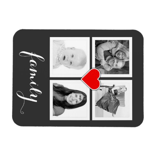 4枚の写真とハートがある家族 マグネット (横)