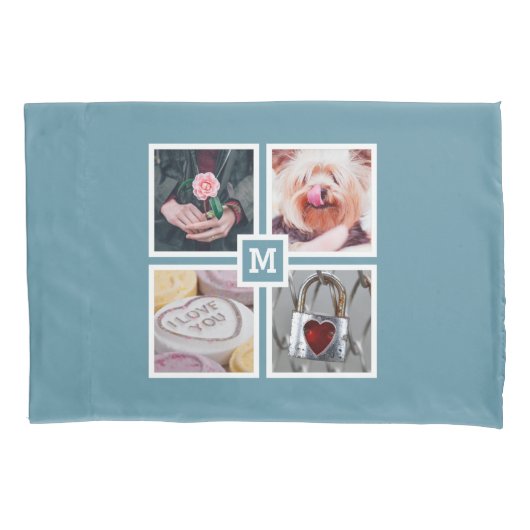 4枚の写真とモノグラムのリバーシブルピローケース 枕カバー (正面)