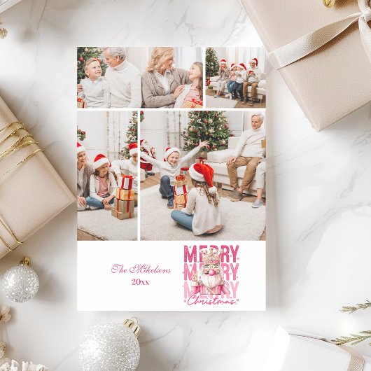 4枚の写真とヴィンテージ ピンクのくるみ割り人形クリスマス シーズンカード
