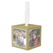 4枚の写真と年 – ミニマル金ゴールド縁ど キューブオーナメント (正面アングル)