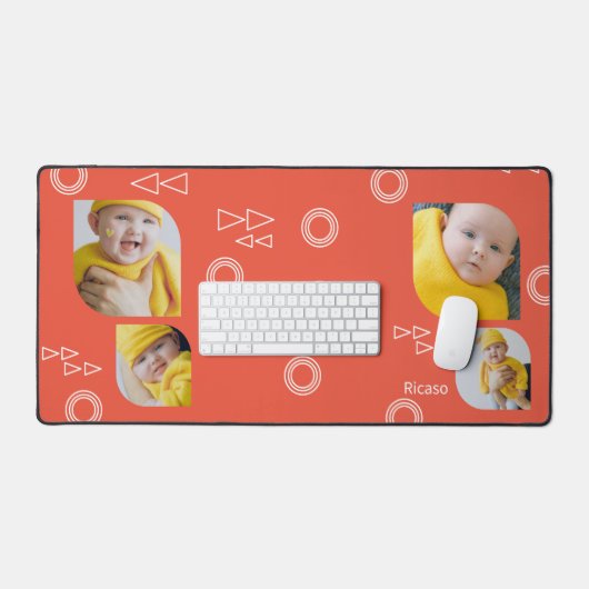 4枚の写真と文字を追加パーソナライズされた デスクマット (キーボード&マウス)