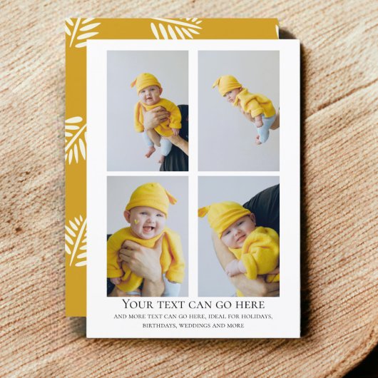 4枚の写真と葉のパターンの背面テンプレート カード