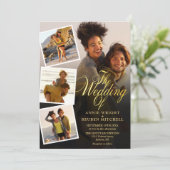 4枚の写真のコラージュ ゴールドスクリプト QRコード ウェディング 招待状 (スタンド正面)