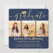 4枚の写真のコラージュ ネイビーブルーとゴールドのモダンな卒業記念 案内状 (正面)