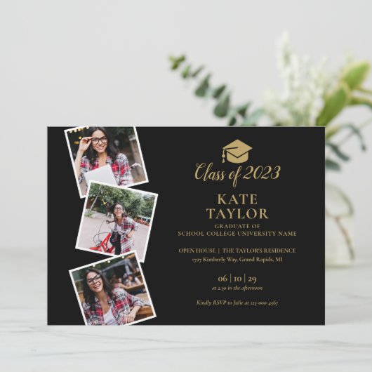 4枚の写真のコラージュ ブラックとゴールドの卒業パーティー 招待状 (スタンド正面)