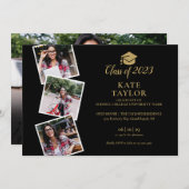 4枚の写真のコラージュ ブラックとゴールドの卒業パーティー 招待状 (正面/裏面)