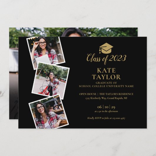 4枚の写真のコラージュ ブラックとゴールドの卒業パーティー 招待状 (正面/裏面)