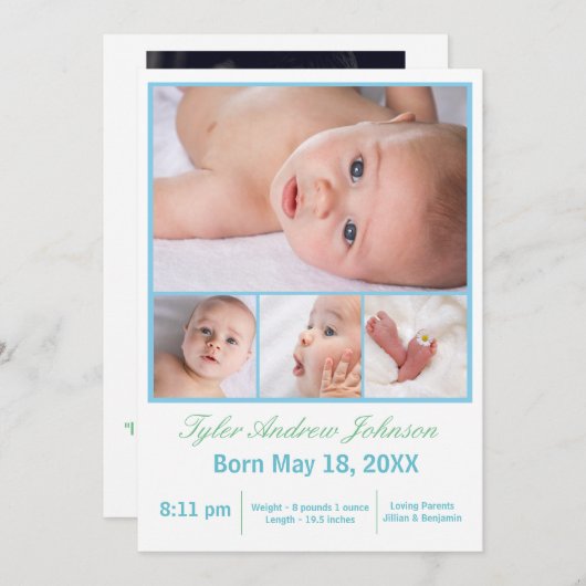 4枚の写真のコラージュ（白/青） – 誕生のお知らせ 案内状 (正面/裏面)