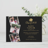 4枚の写真のコラージュ 黒と金の卒業パーティー 招待状 (スタンド正面)