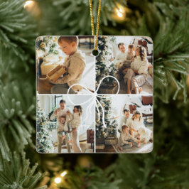4枚の写真のリボンラッピング クリスマスの家族の思い出 セラミックオーナメント