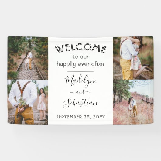4枚の写真の歓迎を受けシンプルて楽し結婚く 横断幕 (横)