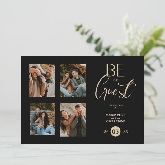 4枚の写真をゲストブラック結婚ズファンシー 招待状 (スタンド正面)