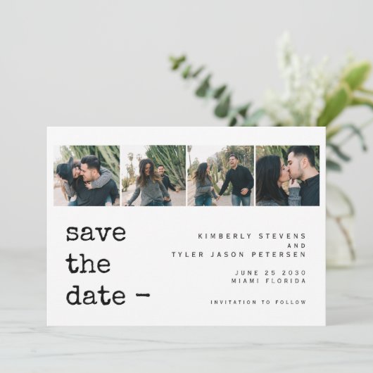 4枚の写真をモダンなタイポグラフィでデザインした結婚式 セーブザデート (スタンド正面)