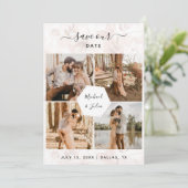 4枚の写真を使ったカップルコラージュ & ピンクのポワーズ フラワーの結婚式 セーブザデート (スタンド正面)