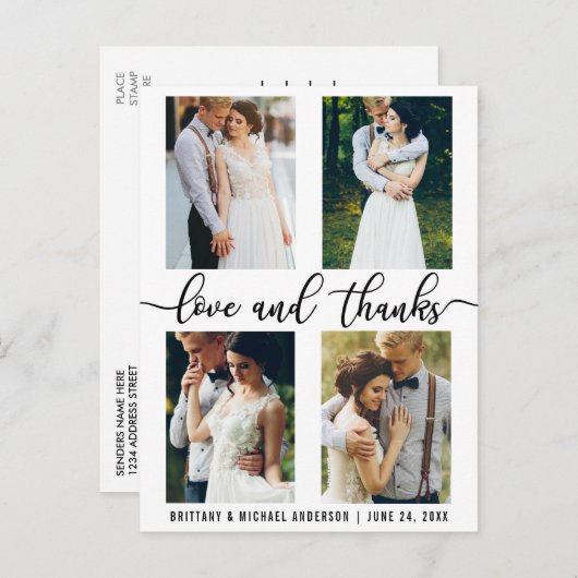 4枚の写真を使ったモダンな結婚式の愛と感謝のスクリプト ポストカード (正面/裏面)