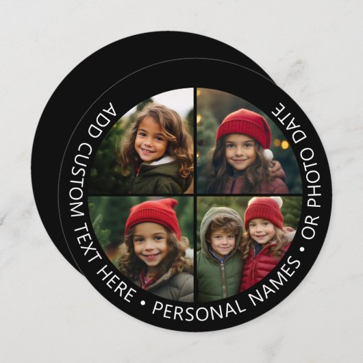 4枚の写真を曲線のカスタムテキストで囲むコラージュ 招待状 (正面/裏面)