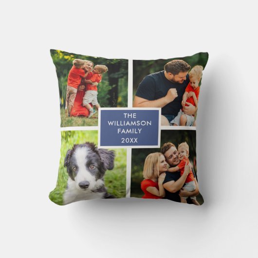 4枚の写真を組み合わせた家族の名前のフォトコラージュ クッション (正面)