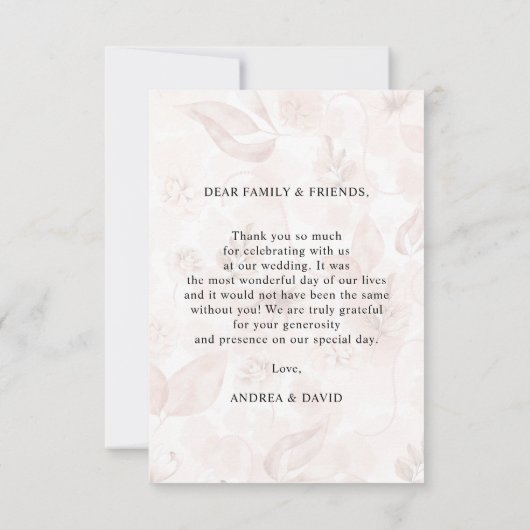 4枚の写真を飾ったピンクの花柄のウェディングサンクスカード サンキューカード (裏面)