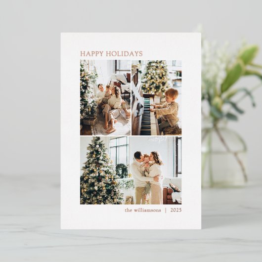 4枚の写真を飾ったミニマルでエレガントなローズゴールドのフォトコラージュ 箔シーズンカード (立ち正面)