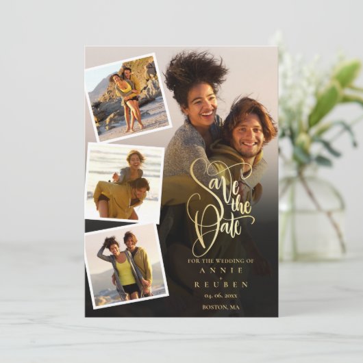 4枚の写真を飾った結婚式のゴールドスクリプト セーブザデート (スタンド正面)