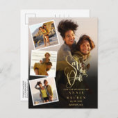 4枚の写真を飾った結婚式 ゴールドスクリプト セーブザデート ポストカード (正面/裏面)