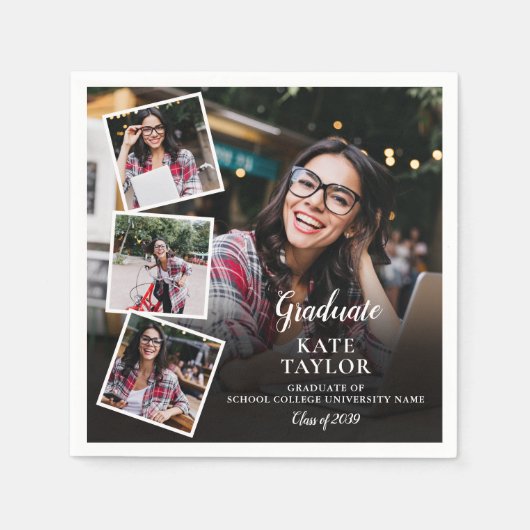 4枚の写真を飾る モダンな卒業パーティー スタンダードカクテルナプキン (正面)