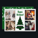 4枚の写真を飾れる、オーダーメイドのホリデーカード シーズンカード<br><div class="desc">タイポグラフィーで「Happy Holidays」と書かれた文字の上に、偽の雪が降っているデザイン。 写真を4枚貼って、オリジナルのカードに。 緑と黒のアドロブルー・バッファロープラッドに、あなたの名前を入れて。 裏面はクリスマスグリーンで、偽の輝くオーナメントが流れ落ちるデザイン</div>