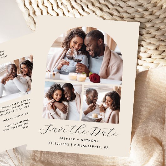 4枚の写真アーチコラージュ ベージュのSave the Date ポストカード