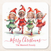 4枚の写真クリスマス小妖精や小人 スクエアペーパーコースター (正面)