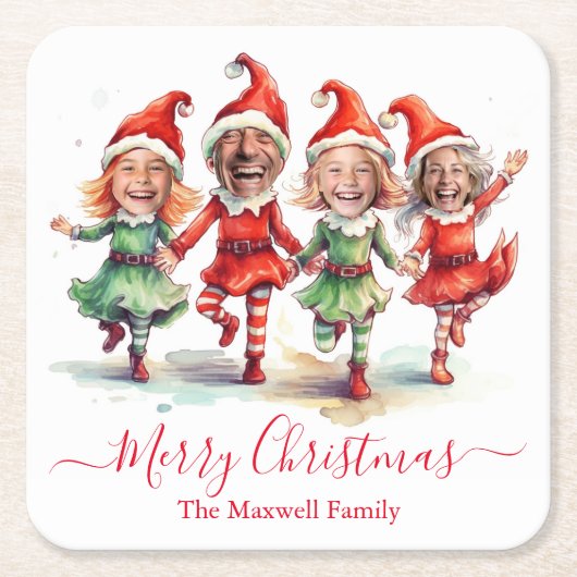 4枚の写真クリスマス小妖精や小人 スクエアペーパーコースター (正面)