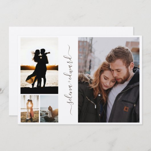 4枚の写真グリッドメタリックシルバースクリプト結婚の 招待状 (正面/裏面)