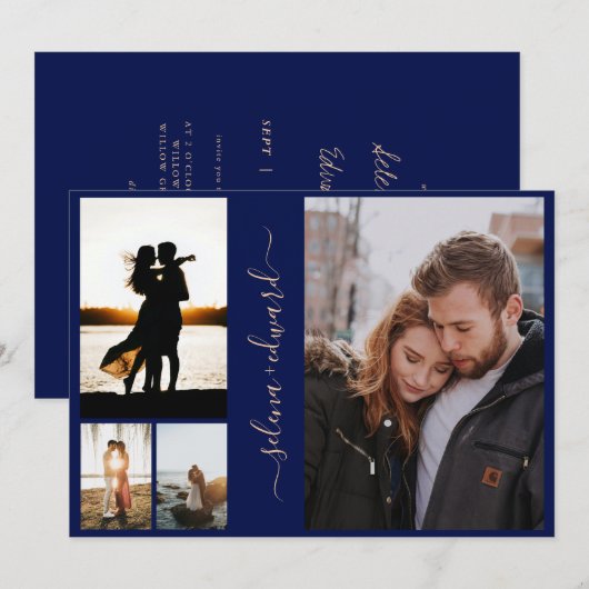 4枚の写真グリッド ネイビーブルーとゴールドのスクリプトウェディング 招待状 (正面/裏面)