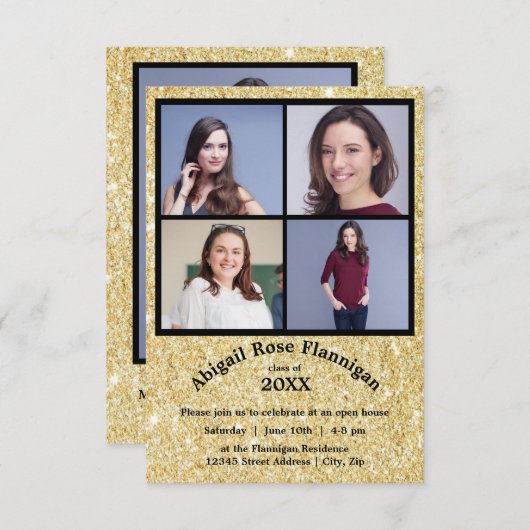 4枚の写真コラージフェイクュ金ゴールド-3x5Gradの発表 招待状 (正面/裏面)
