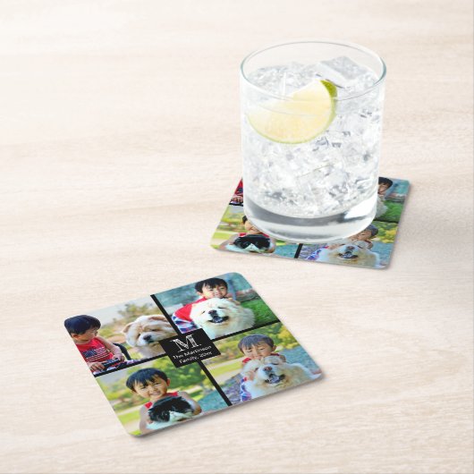 4枚の写真コラージュとモノグラム スクエアペーパーコースター (インサイチュ)