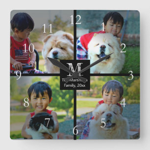 4枚の写真コラージュとモノグラム スクエア壁時計