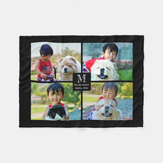 4枚の写真コラージュとモノグラム フリースブランケット (正面(横))
