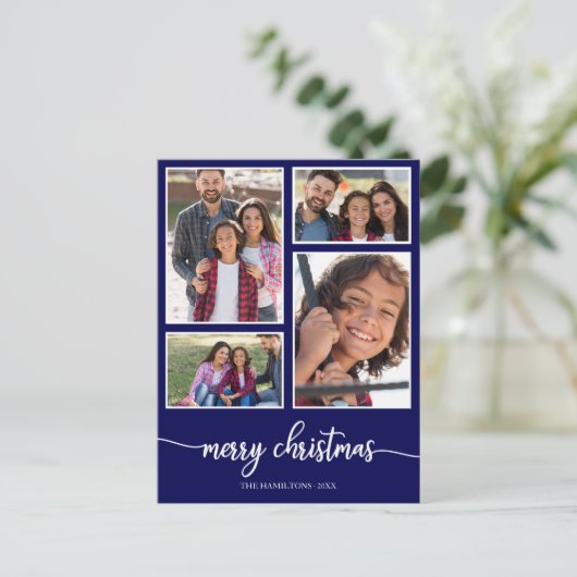 4枚の写真コラージュエレガントメリークリスマスブルー ポストカード (スタンド正面)