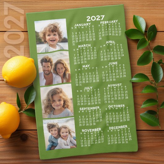 4枚の写真コラージュ付き2027年カレンダー - グリーン キッチンタオル