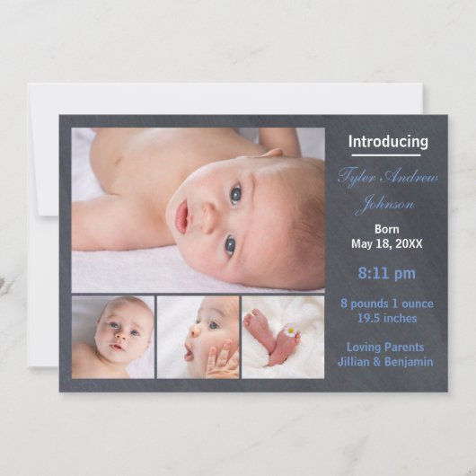 4枚の写真コラージュ·チャルクボード-誕生の告知 案内状 (正面)
