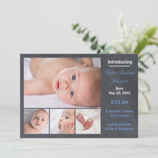 4枚の写真コラージュ·チャルクボード-誕生の告知 案内状 (スタンド正面)