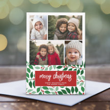 4枚の写真コラージュ - メリークリスマス植物画 レッド